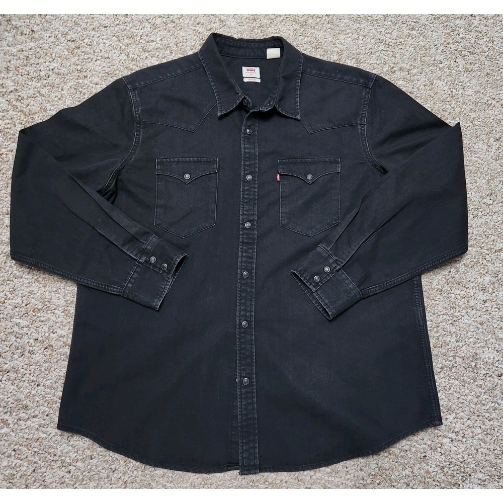 Levis Mens Pearl Snap Black Denim Western Shirt XL Standard Fit Cowboy Rodeo
